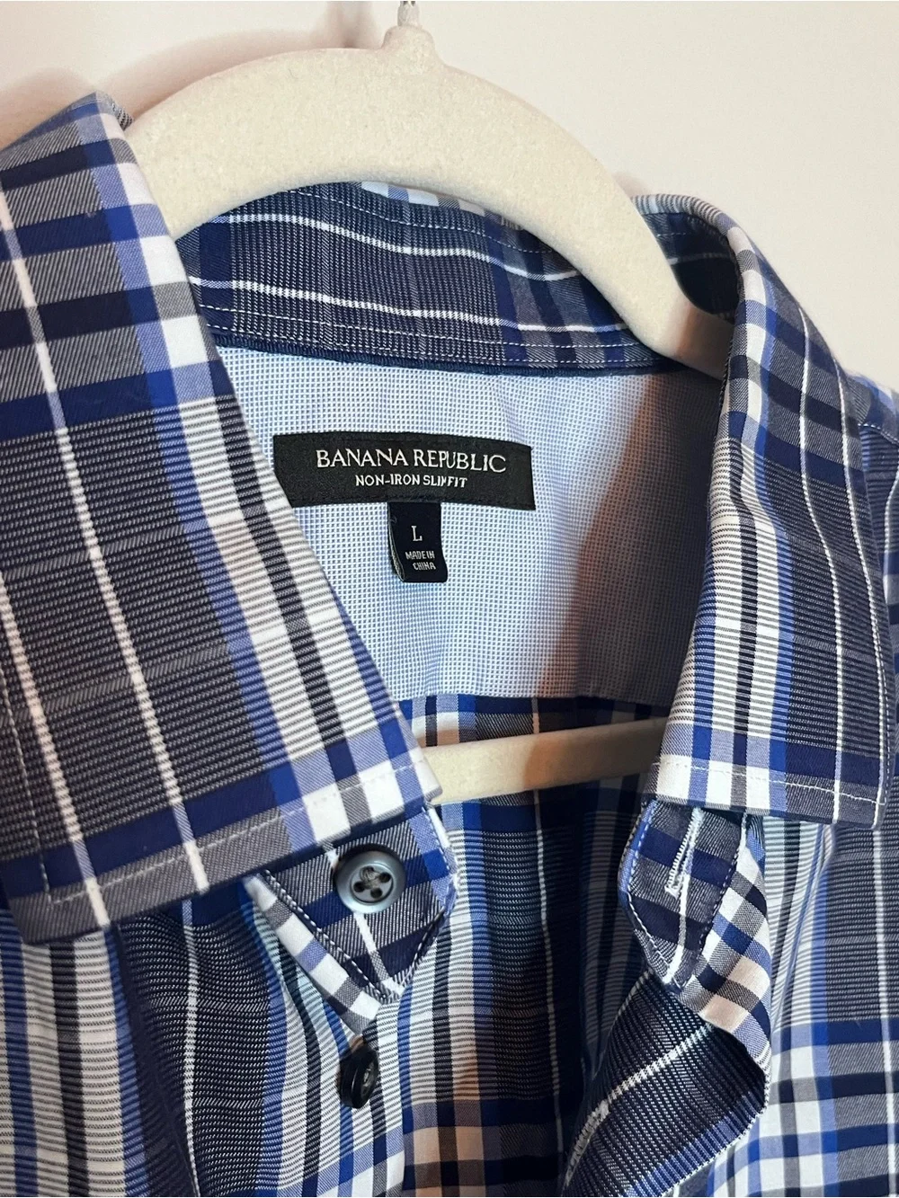 Banana Republic Men's Navy and White Plaid Non-Iron Slim Dress Shirt